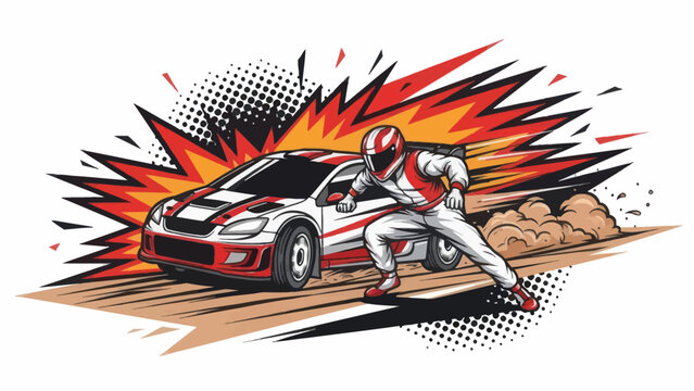 Racing car and driver illustration dynamic action concept vector graphic