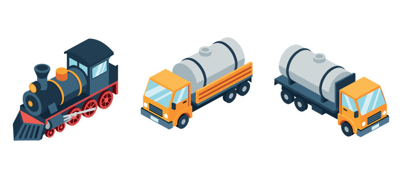 Isometric train and cargo trucks illustration: steam locomotive, tanker
