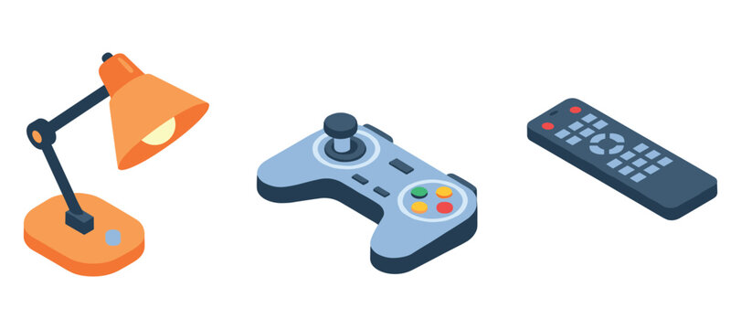 Isometric desk lamp, game controller, and tv remote on white background