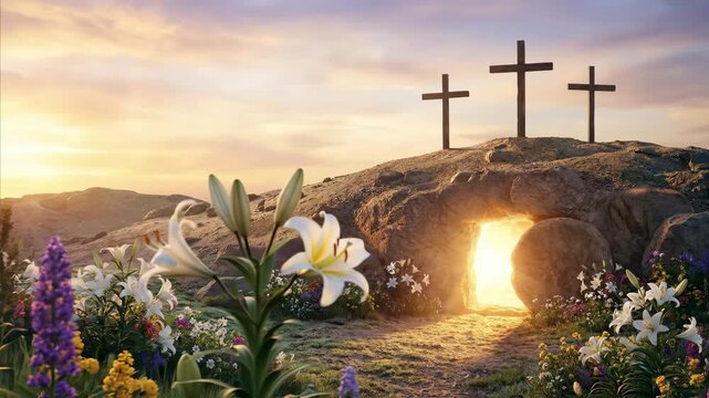Empty tomb of Jesus with crosses and lilies in the morning light for Easter resurrection concept video