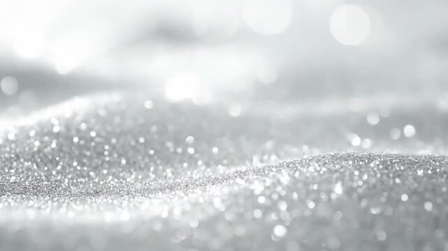 Abstract silver glitter background with bokeh lights, creating a festive and elegant atmosphere.