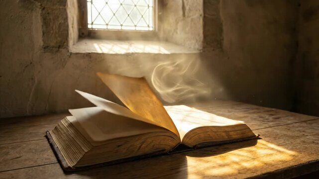 Sunlight illuminating an old open book on a wooden table, pages turning slowly in a dramatic sequence, bible study footage