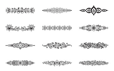 Obraz premium A collection of intricate black floral dividers and borders for decoration or mehndi art