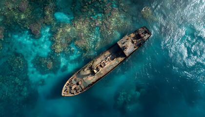 Shipwreck, half-sunken ship in the sea or ocean on a coral reef, environmental disaster concept, old rusty ship in stormy sea water, environmental pollution, top view