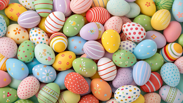 A vibrant collection of colorful Easter eggs with various patterns and designs
