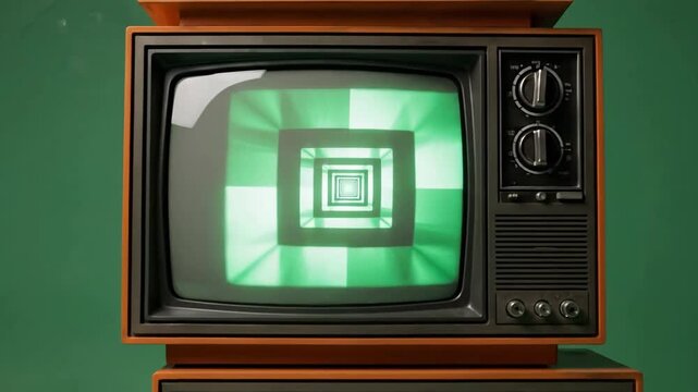 Stack of vintage television sets displaying hypnotic tunnel effect against a green background.