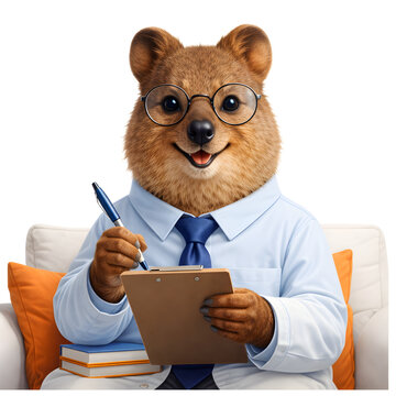 Antropomorficzna quokka przedstawiona jako terapeuta, ubrana w elegancki str&oacute;j i trzymająca notatnik z długopisem. Realistyczna ilustracja 3D na jasnym tle. Koncepcja terapii, wsparcia psychicznego, 