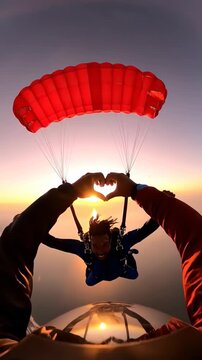 Red parachute tandem skydiving sunset forming heart with hands joyful skydiver forming heart with