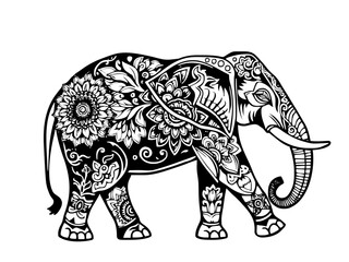 Obraz premium Ein stattlicher Elefant, dessen Körper mit meditativen Mustern verziert ist. Die großen Ohren und der Rüssel sind besonders fein gemustert.KI Generiert