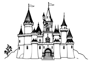 Obraz premium Ein Märchenschloss mit vielen hohen, spitzen Türmen und kleinen Fahnen. Es erinnert an klassische Illustrationen aus Zauberergeschichten.KI Generiert