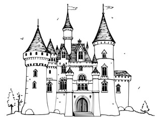 Obraz premium Ein Märchenschloss mit vielen hohen, spitzen Türmen und kleinen Fahnen. Es erinnert an klassische Illustrationen aus Zauberergeschichten.KI Generiert