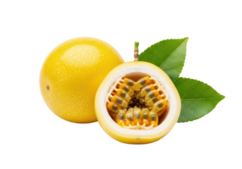 Perfectly ripe whole & half yellow passion fruits, glistening yellow-orange pulp, dark seeds, vibrant green leaves, transparent background. Fresh tropical fruit concept for healthy eating