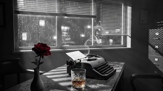 Moody rainy noir office desk vintage typewriter, single red rose, whiskey by window