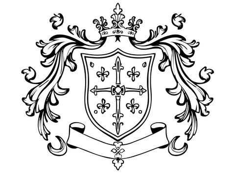 Ein sehr komplexes Wappen mit zahlreichen floralen Ornamenten und Federschmuck. Es wirkt besonders dekorativ und feingliedrig ausgearbeitet.KI Generiert