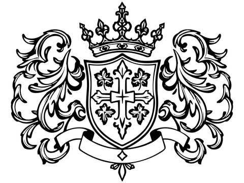 Ein sehr komplexes Wappen mit zahlreichen floralen Ornamenten und Federschmuck. Es wirkt besonders dekorativ und feingliedrig ausgearbeitet.KI Generiert