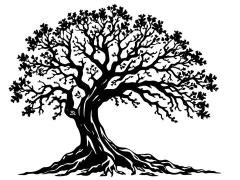 Ein "Baum des Lebens" mit einer runden Krone und ebenso komplexen Wurzeln. Das Motiv symbolisiert die Verbindung von Erde und Himmel. KI Generiert