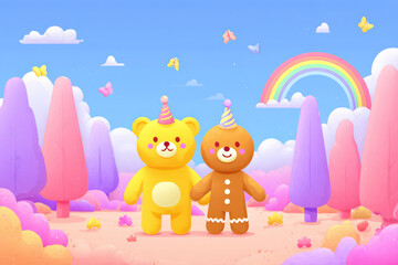 Obraz premium Yellow Bear and Gingerbread Man in Colorful Fantasy Landscape with Rainbow