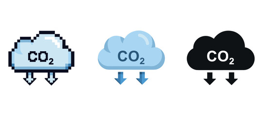 Obraz premium Co2 emissions icons: pixelated, glossy, solid cloud symbols with down arrows