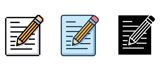 Colorful pencil and paper icons in different styles on white background