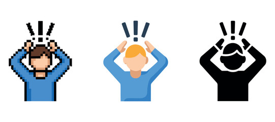 Fototapeta premium Three stylized figures expressing shock with raised arms and exclamation marks