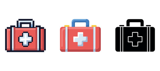 Obraz premium First aid kit icons: pixel, colorful, silhouette designs for emergency health