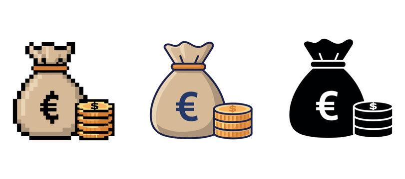 Set of money bags with euro symbol and coin stacks in pixel, flat, and silhouette styles