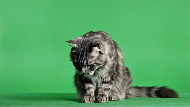 Gray Maine Coon Cat Nods Head Yes on Green Screen