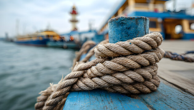 Close-up nautical knot rope tied around stake on boat or ship, boat mooring rope. Marine rope on the ship. The ship leaves the port. Lighthouse. Mooring rope. Ship in the harbor.