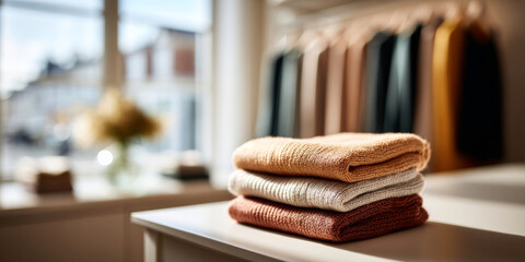 Stack of folded knitted sweaters in warm earthy tones on a table with blurred clothing rack and window background in cozy boutique