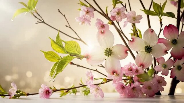 Delicate pink and white dogwood blossoms with fresh green leaves create a serene spring scene.