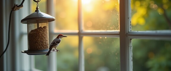 Bird feeder outside window, gentle outdoor connection and peaceful observation therapy