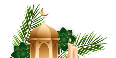 Islamic ramadan lantern with palm leaves and candles on white background transparent background