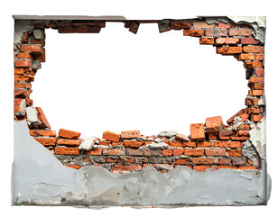 Brick wall with ragged hole in the center. Concrete and debris are visible. Black background