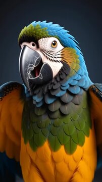 Detailed portrait of a colorful parrot with blue and green plumage, looking directly at the camera, in a studio setting with a neutral background