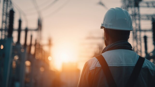 Electrical engineer in white safety helmet at power plant at sunset