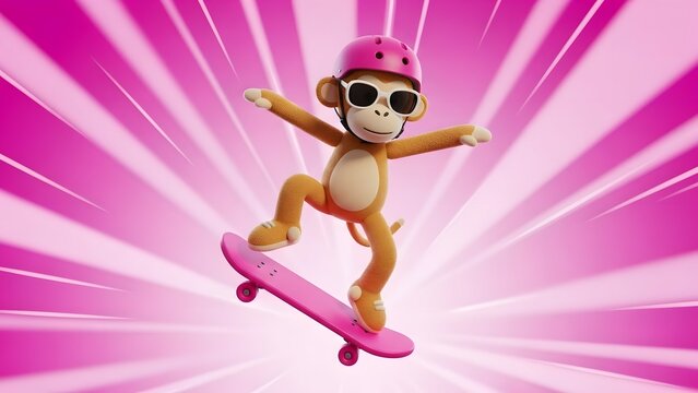 A monkey on a pink skateboard wearing sunglasses and a helmet