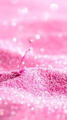 A pink, glittery surface with a tiny plant stem. Bokeh light behind it. Delicate scene