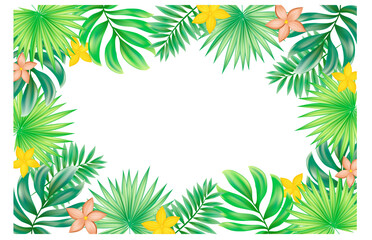Naklejka premium Tropical leaf and flower border frame with green leaves and colorful blooms transparent background