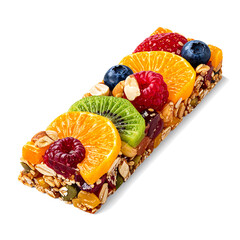 Fruit and nut granola bar with oranges, kiwi, berries, and nuts on top, isolated on white