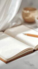 Naklejka premium Generative AI Inspired Artistic Workspace with Open Book and Art Supplies