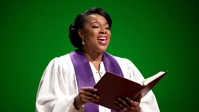 African-American Choir Director Singing with Book on Green Screen