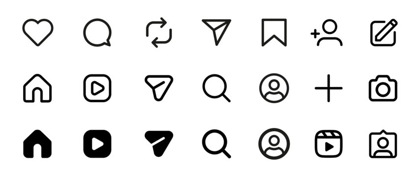 New update Instagram icon set including symbols of home, like, comment, search, user, repost, share