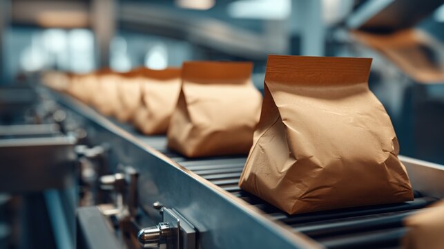 Brown paper bags on industrial conveyor belt in food factory