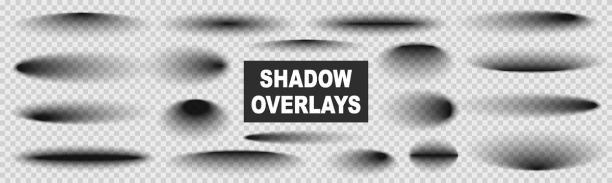 Transparent gray shadows with soft edges isolated set, drop shadow effect, soft round and oval gradient