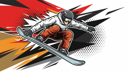 Snowboarder performing aerial maneuver with dynamic graphic background © Muh