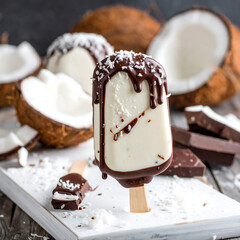 Coconut ice cream bar with chocolate drizzle and coconut