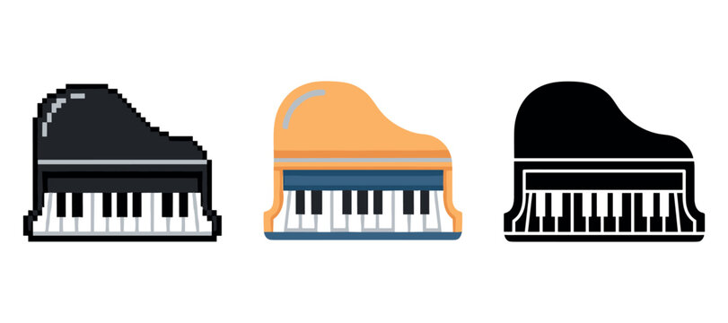 Diverse grand piano icons: black, orange, and classic designs on white background
