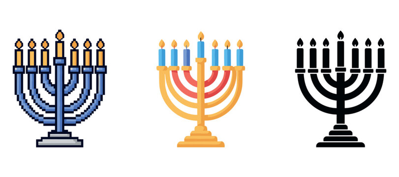 Colorful menorah designs: pixel art, classic, silhouette holiday symbols
