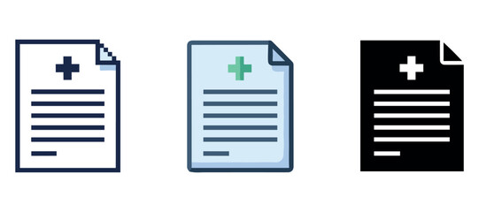Medical document icons: outline, color, and solid variants featuring cross symbol