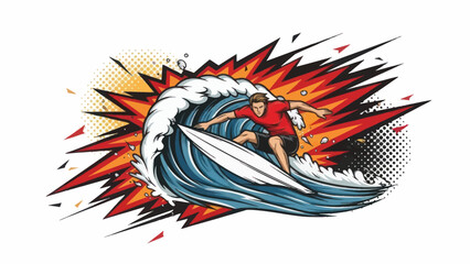 Surfer riding the wave in dynamic pop art style illustration isolated © Muh